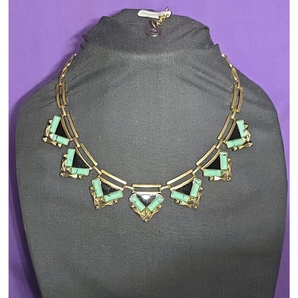 Egyptian Style Statement Necklace Gold Tone Brass Faux Turquoise Chevron Links
